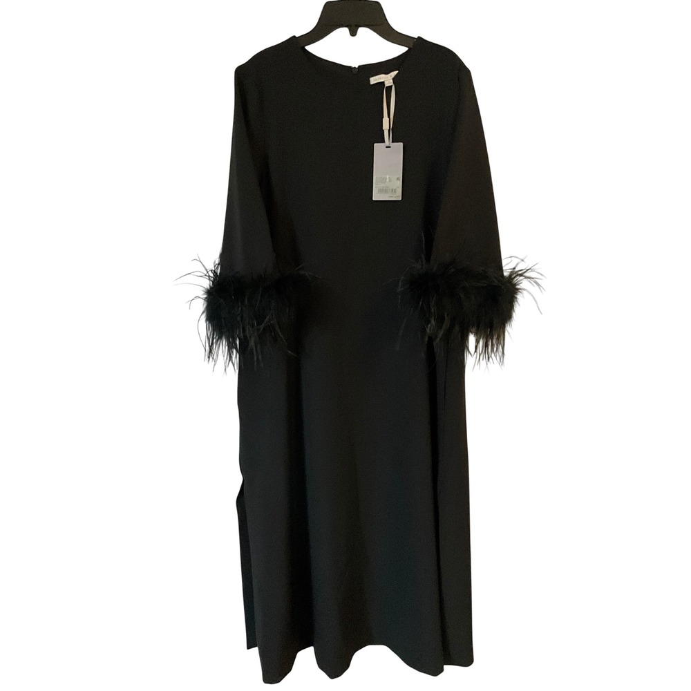 Preston & York Black Feather Cuff Crepe Midi Shift Dress Size 4 NWT